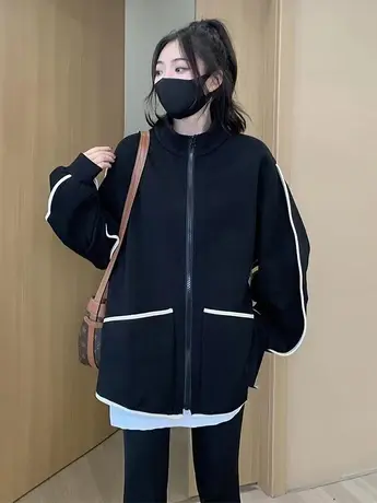 秋冬设计感小众立领宽松休闲撞色边开衫外套女慵懒风街头上衣潮款商品大图