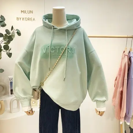 2021秋季新款上衣韩国东大门慵懒风百搭字母连帽宽松休闲卫衣大码图片