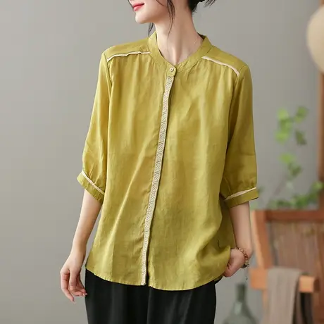 dza 复古苎麻短袖衬衫女2023夏薄款立领衬衣宽松显瘦棉麻开衫上衣图片