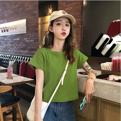 2023年新款夏季白色正肩短袖t恤修身低领打底衫女内搭短款上衣ins图片