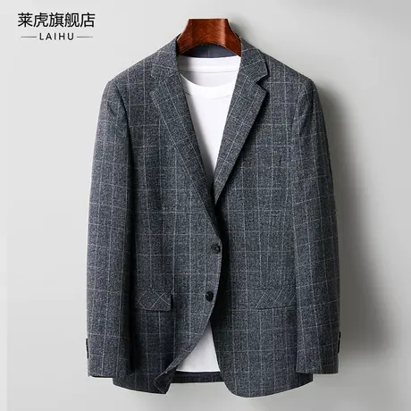 灰色格子休闲西装外套男士2022春季新款时尚修身韩版单件西服上衣商品大图