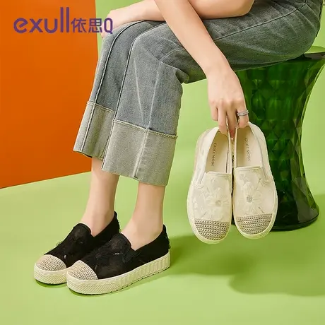 依思q休闲板鞋女2024新款夏季蕾丝百搭网面透气渔夫鞋绣花新中式图片
