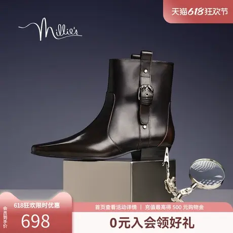妙丽2025春季新款美式复古铆钉方扣时装靴扁方头西部女靴BR251DZ4商品大图