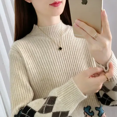 2023秋冬新款半高领宽松加厚毛衣女洋气内搭针织衫长袖拼色打底衫商品大图