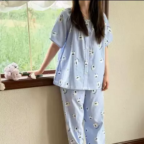 2025新品ins小羊咩咩纯棉双层纱布可爱卡通少女心睡衣家居服套装商品大图