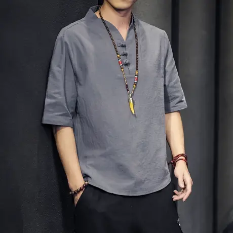 亚麻t恤男士夏季新中式男装中国风棉麻短袖潮牌大码半袖唐装上衣商品大图