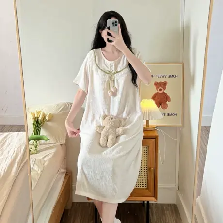 浪莎宽松中长款花边夏季短袖方领薄款睡裙蕾丝女士年轻人棉绸套装商品大图