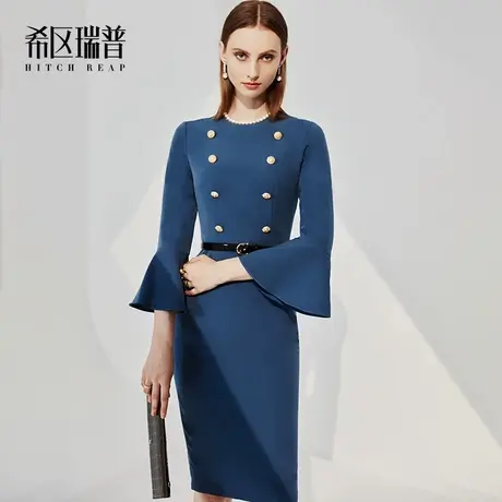 希区瑞普高端法式连衣裙女装春秋气质复古喇叭袖职业包臀修身裙子商品大图