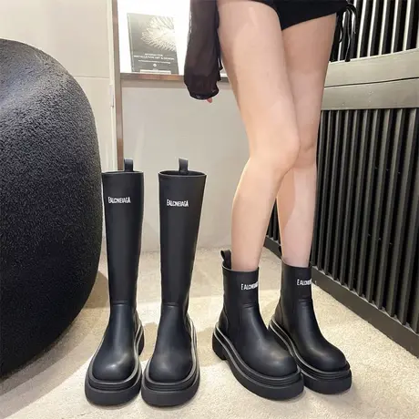 黑色厚底英伦风靴子女春秋2023新款显瘦小个子增高长筒靴百搭短靴图片