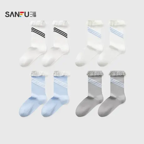 三福 女短筒袜单双装 运动风雪纺边杠条柔软透气女袜袜子844294商品大图