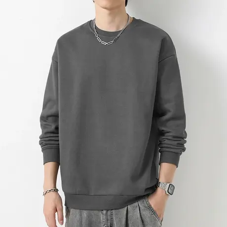 380g重磅纯棉卫衣男生纯色灰色无帽长袖t恤摇粒绒宽松圆领上衣服商品大图