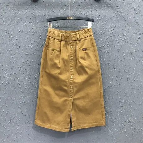 港味复古单排扣设计感中长裙女夏季松紧腰高腰休闲包臀牛仔半身裙图片