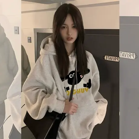 oversize连帽设计感卫衣女秋冬季加绒加厚宽松慵懒风上衣外套潮牌商品大图