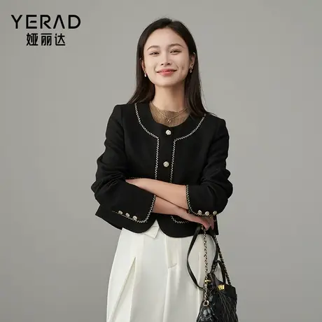 娅丽达设计感撞色气质短款小香风外套女春季2025新款正肩宽松上衣图片