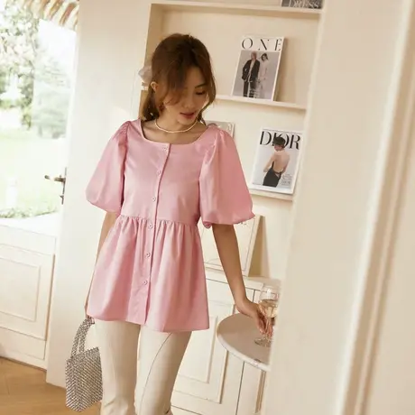 桔熊夏季复古甜美方领蓬蓬袖衬衫中长款上衣女胖妹妹大码AB18804商品大图