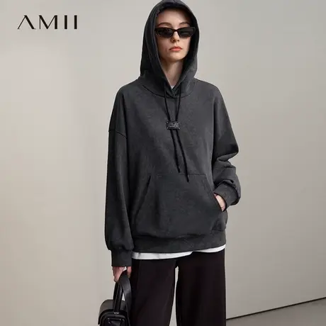 Amii2025秋新款晕染炒花数字标牌连帽卫衣女宽松落肩袖棉质上衣商品大图