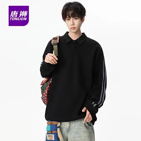 唐狮美式复古条纹拼接Polo领男士卫衣秋冬季新款宽松休闲上衣服AP图片