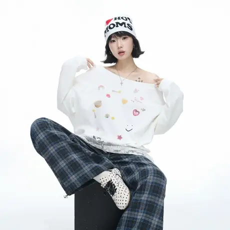美式复古设计感印花斜肩卫衣女春秋新款宽松慵懒松弛感长袖上衣图片