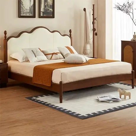 顾家家居实木胡桃木中古风全实木主卧猫抓皮软包1米8双人高端大床商品大图