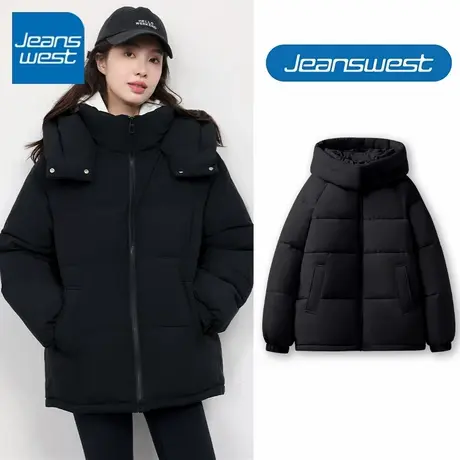 KV真维斯黑色棉服女款冬季2025年新款加厚保暖连帽面包服上衣外套商品大图