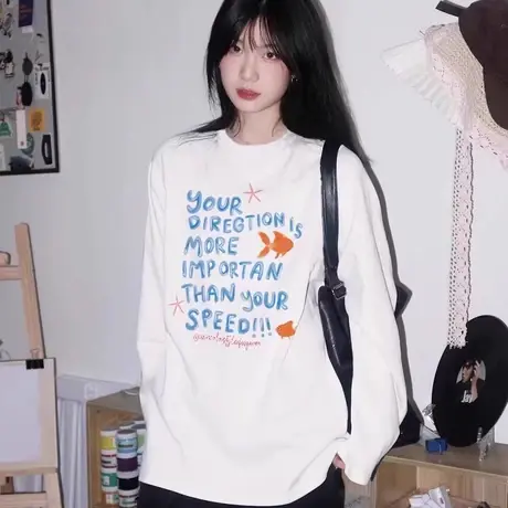 oversize大码欧美高街情侣长袖t恤美式巨好看的早秋上衣打底衫女商品大图