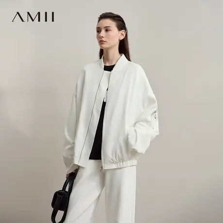 Amii2025冬新款休闲运动风棒球领拉链落肩夹丝绵宽松褶皱袖口外套商品大图