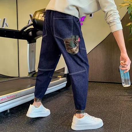 牛仔裤秋季美式潮牌个性迷彩口袋束脚哈伦裤男款INS休闲工装裤商品大图