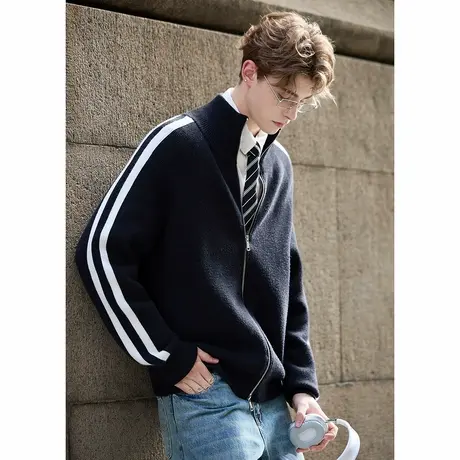 唐狮秋冬季毛衣男立领撞色运动风开衫毛线衫休闲风毛衣外套TM图片