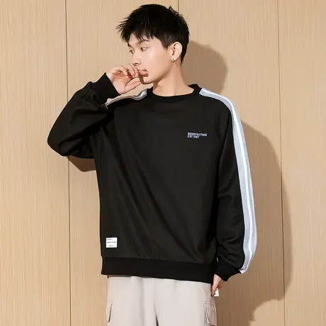 唐狮春季新款圆领卫衣男美式宽松拼接插肩袖上衣休闲简约外套TD图片