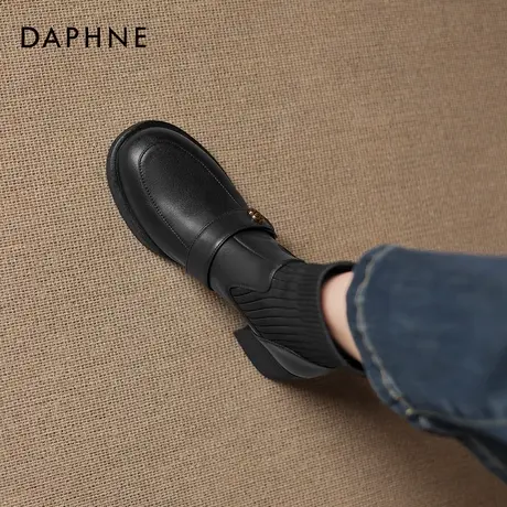 达芙妮袜靴女2026秋冬新款山茶花乐福鞋小个子粗跟短靴黑色马丁靴商品大图