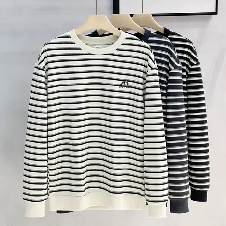 美式休闲圆领长袖T恤男士秋冬款条纹百搭重磅卫衣情侣休闲打底衫图片
