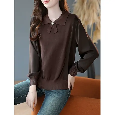 宝诗黎翻领拼接长袖针织衫时尚减龄毛衣2023秋季新款宽松休闲上衣商品大图