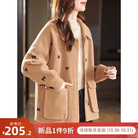 宝诗黎翻领宽松呢子短外套2023秋季新款针织开衫韩系时尚休闲上衣商品大图