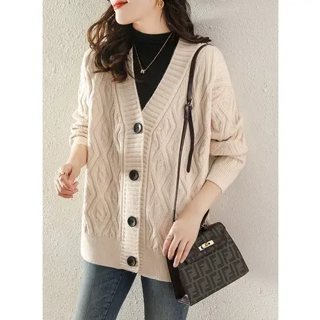 2023秋冬装新款针织衫女开衫慵懒风外搭宽松毛衣外套纯色百搭上衣图片