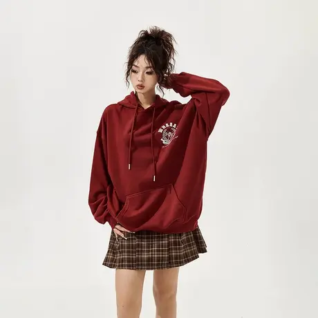 加绒复古酒红色卫衣女oversize秋冬连帽套头上衣美式慵懒chic商品大图