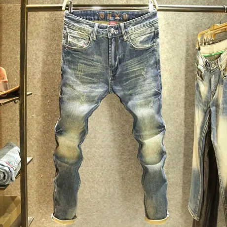 潮牌复古牛仔裤男修身小直筒弹力裤子秋冬款潮流猫须做旧弹力长裤商品大图