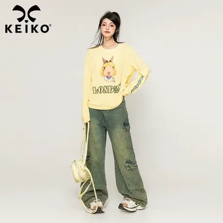 KEIKO 抽皱收腰印花长袖t恤女2023新款甜酷风圆领显瘦上衣打底衫图片