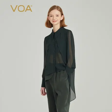 VOA墨绿色轻盈乔其桑蚕丝Polo领单排扣长袖前短后长宽松真丝衬衫商品大图