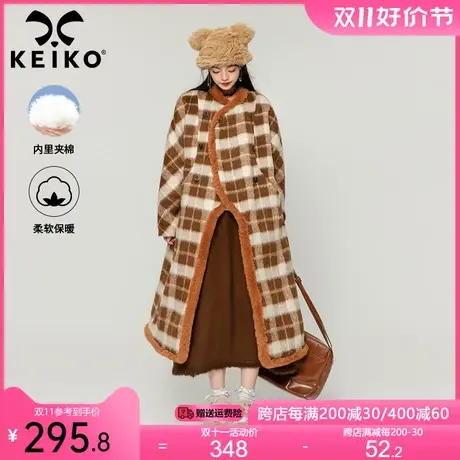 KEIKO [夹棉]高级感格纹长绒毛呢大衣女冬季美德拉斗篷形呢子外套商品大图