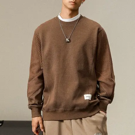 秋冬款百搭卫衣帅气卫衣圆领侧面针织毛衣拼接时尚大码百搭卫衣图片