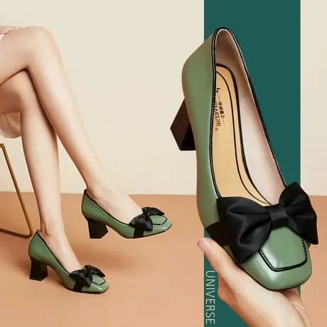 春季新款真皮粗跟单鞋女高跟女鞋方头蝴蝶结浅口绿色休闲皮鞋商品大图
