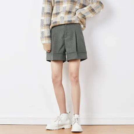 唐狮休闲裤中短裤女春秋季高腰外穿显瘦百搭毛呢短裤商品大图