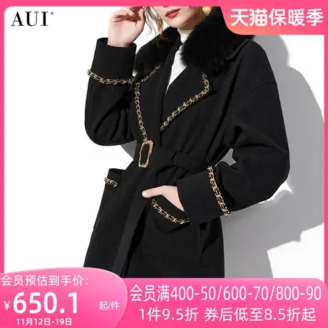 AUI黑色狐狸毛领修身毛呢外套女2023冬新款高端短款收腰呢子大衣商品大图