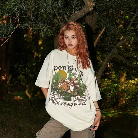 YEP国潮印花短袖t恤女夏装2023新款复古大版宽松半袖港风chic上衣图片