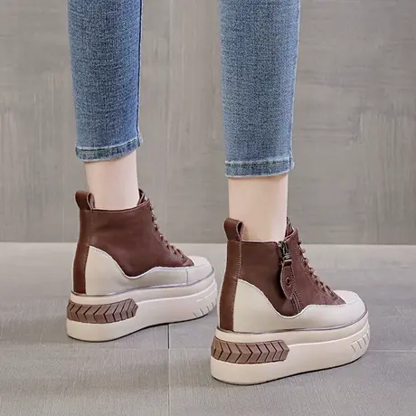 圣恩熙 8cm坡跟高帮鞋女2023秋冬韩版牛皮松糕底二棉鞋女休闲短靴图片