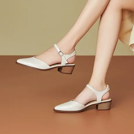 夏季新款真皮尖头凉鞋女舒适柔软头层牛皮单鞋粗中跟百搭时尚女鞋商品大图