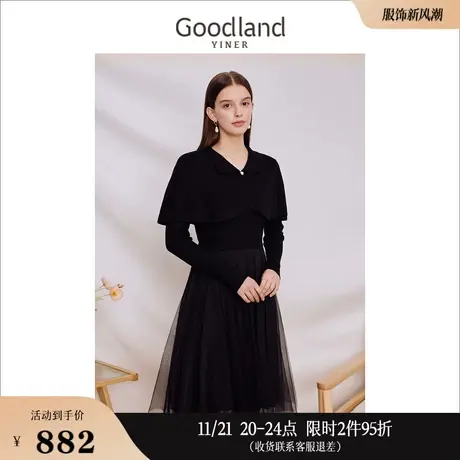 [抗起球]Goodland美地女装2023秋季压褶针织复古翻领连衣裙图片