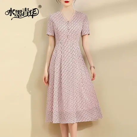 水墨青华2024夏季新款百搭显瘦V领印花裙时尚中长款短袖连衣裙女商品大图