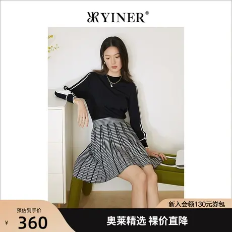 YINER音儿女装2022春季新款撞色圆领羊毛针织衫套头商品大图