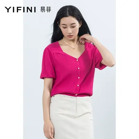 Yifini/易菲法式方领中袖薄款针织衫女夏装新款针织套头毛衫商品大图